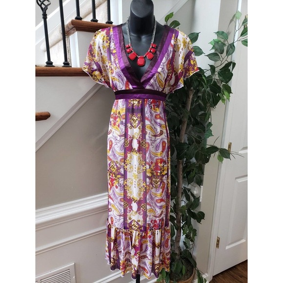 Colours Of The World Women's Multicolor V-Neck Short Sleeve Long Maxi Dress 38 M - Picture 1 of 13